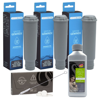 ZESTAW: 3x Spitze Gewinde filtr wody zamiennik do Krups F088 + odkamieniacz Seltino Decalcifier 250ml + tabletki czyszczące Seltino Clean + szczoteczka